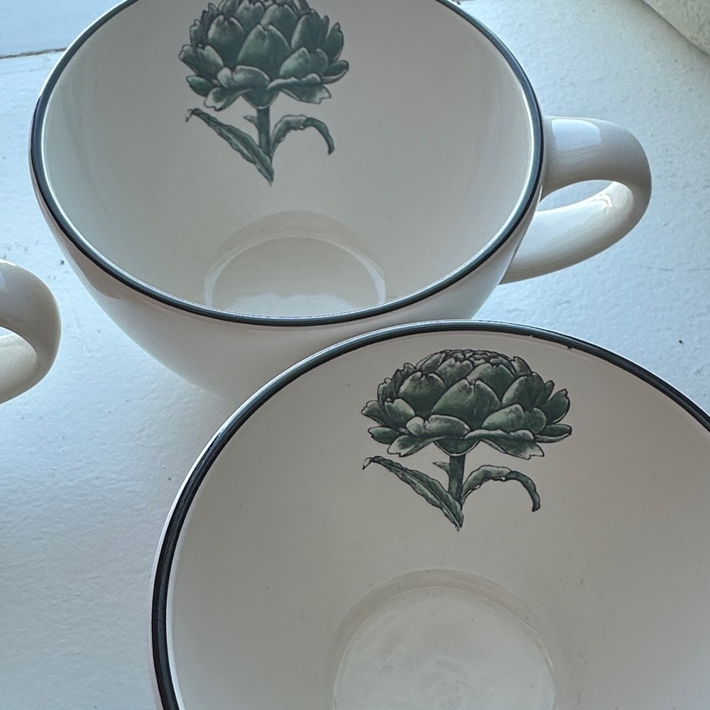 Pfaltzgraff White Mugs with Green Artichoke Flower Design - Picture 3 of 10